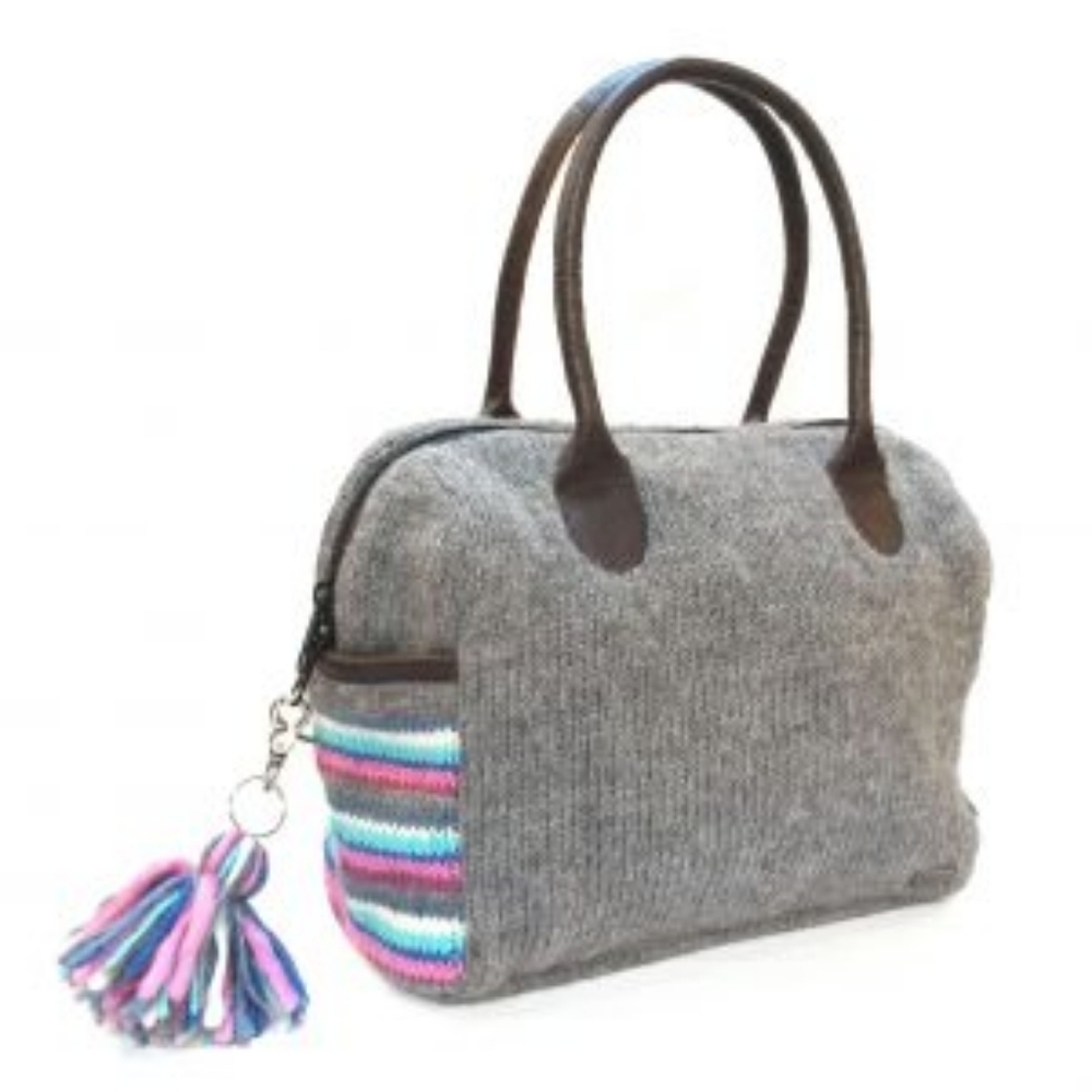 NWT KuSan Charcoal Pink Leather Handle Knitted Wool Bowling Bag Purse Tote​​​